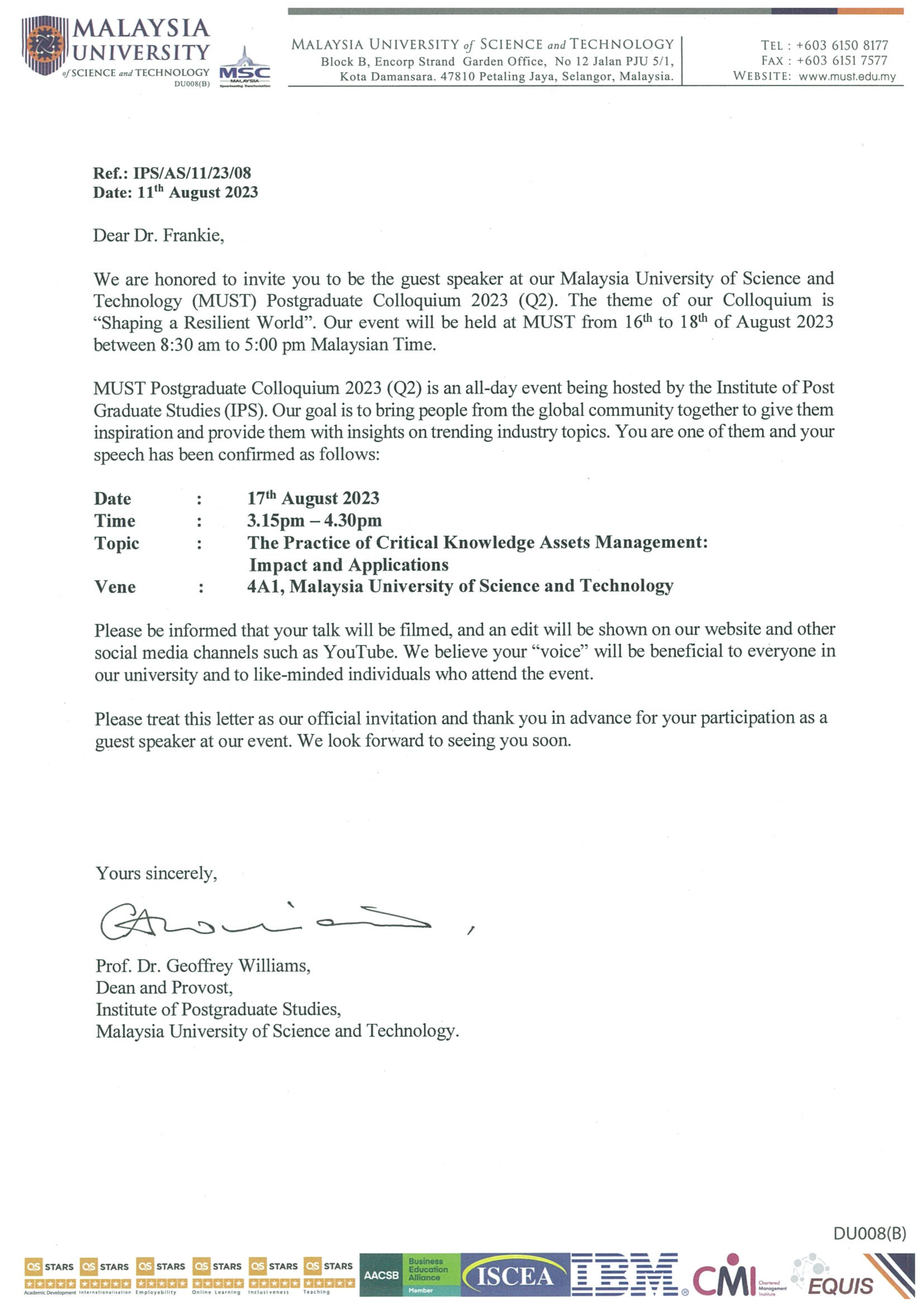 Invitation letter by Malaysia Unviersity Science and Technology to FrankieKnowledge 2