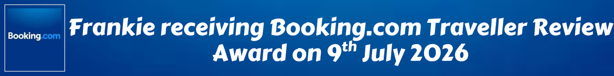 Frankie receiving Booking.com Traveller Review Award on 9th July 2026